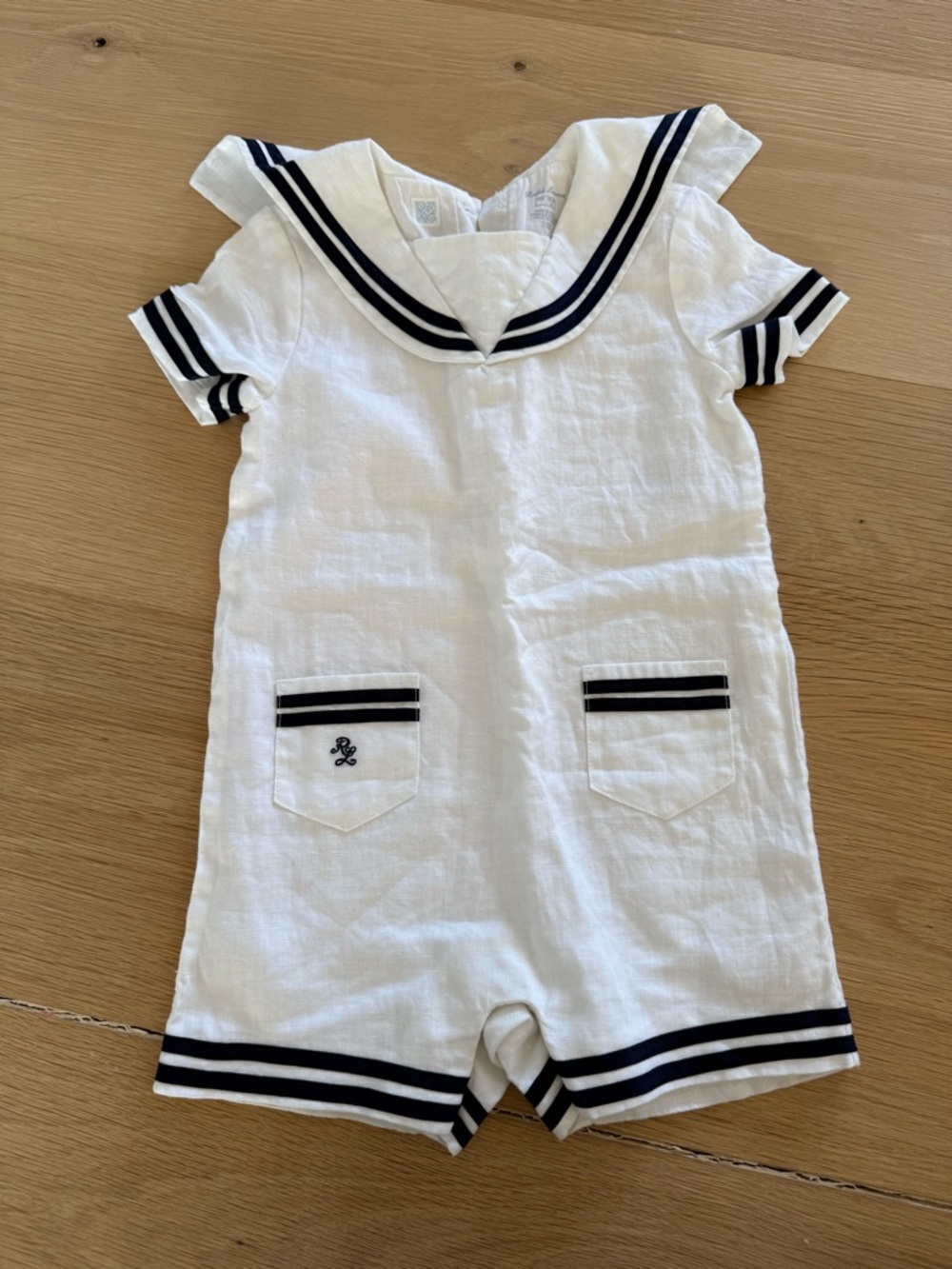 Polo by Ralph Lauren White Linen Sailor One-Piece with Navy Trim